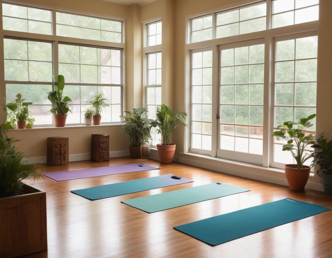 A serene yoga studio filled with diverse practitioners practicing Ashtanga yoga together, sharing smiles and poses. The space is adorned with soothing colors, natural light streaming through large windows, and plants for a calming atmosphere. Include mats, blocks, and a community bulletin board with inspirational quotes about yoga. Capture the sense of community and shared wisdom in the scene. super-realistic. warm colors. soft focus.
