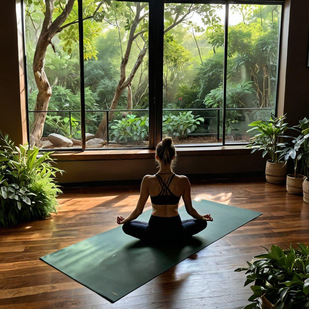 A serene yoga studio with a tranquil ambiance, featuring a person in an Ashtanga yoga pose surrounded by lush greenery and elements of nature. Incorporate gentle sunlight filtering through the leaves, casting playful shadows on a mat. Include symbols of holistic health like herbs and a peaceful meditation space. Use earthy tones and soft lighting to enhance the overall calming effect. super-realistic. vibrant colors. peaceful atmosphere.