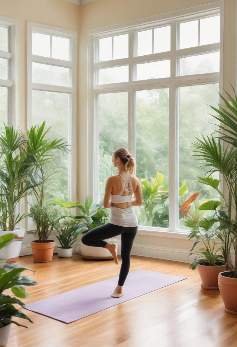 A serene yoga studio with a person practicing Ashtanga Yoga in the foreground, surrounded by lush indoor plants and soft natural light filtering through large windows. In the background, calming images of mindfulness and wellness, like a peaceful landscape and meditation symbols. The atmosphere is tranquil, exuding a sense of balance and inner peace. watercolor painting. soft colors. inviting ambiance.